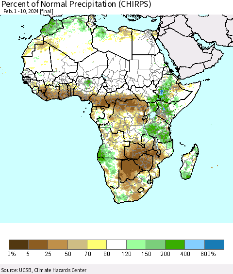 Africa Percent of Normal Precipitation (CHIRPS) Thematic Map For 2/1/2024 - 2/10/2024