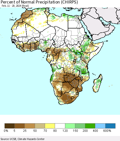 Africa Percent of Normal Precipitation (CHIRPS) Thematic Map For 2/11/2024 - 2/20/2024