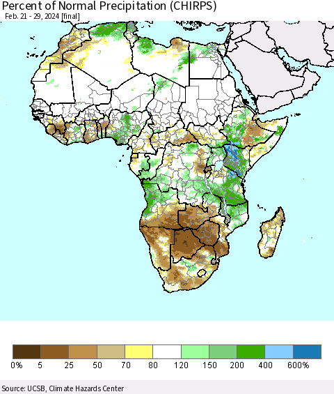 Africa Percent of Normal Precipitation (CHIRPS) Thematic Map For 2/21/2024 - 2/29/2024
