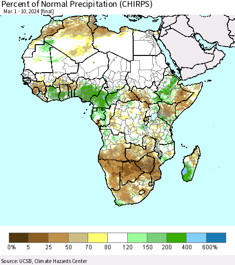 Africa Percent of Normal Precipitation (CHIRPS) Thematic Map For 3/1/2024 - 3/10/2024