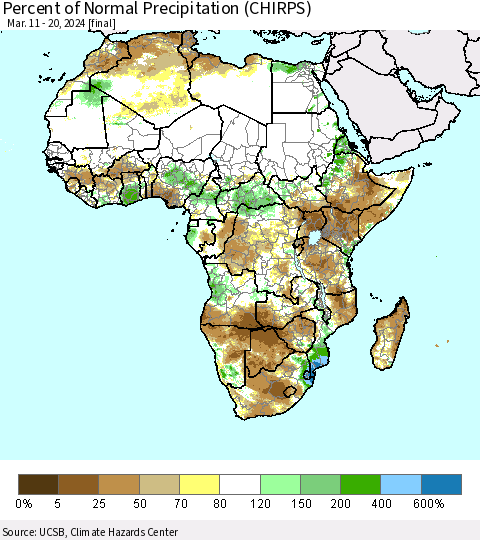 Africa Percent of Normal Precipitation (CHIRPS) Thematic Map For 3/11/2024 - 3/20/2024