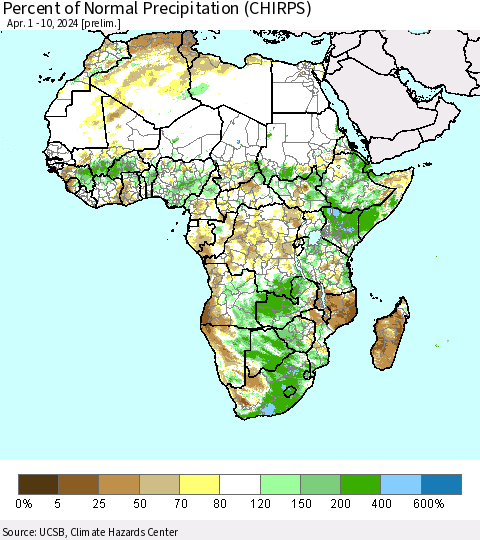 Africa Percent of Normal Precipitation (CHIRPS) Thematic Map For 4/1/2024 - 4/10/2024