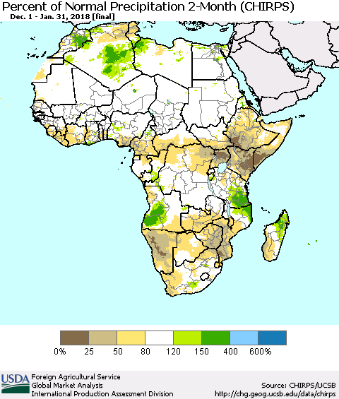 Africa Percent of Normal Precipitation 2-Month (CHIRPS) Thematic Map For 12/1/2017 - 1/31/2018