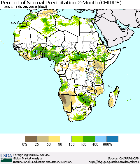 Africa Percent of Normal Precipitation 2-Month (CHIRPS) Thematic Map For 1/1/2018 - 2/28/2018