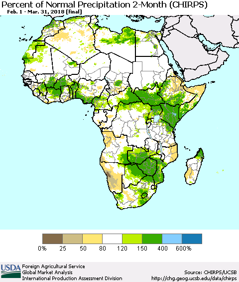 Africa Percent of Normal Precipitation 2-Month (CHIRPS) Thematic Map For 2/1/2018 - 3/31/2018