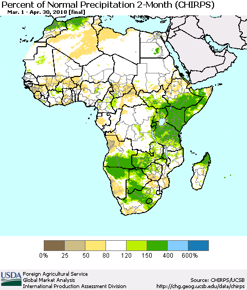 Africa Percent of Normal Precipitation 2-Month (CHIRPS) Thematic Map For 3/1/2018 - 4/30/2018