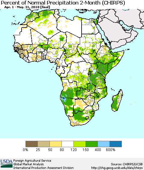 Africa Percent of Normal Precipitation 2-Month (CHIRPS) Thematic Map For 4/1/2018 - 5/31/2018