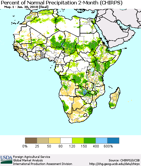Africa Percent of Normal Precipitation 2-Month (CHIRPS) Thematic Map For 5/1/2018 - 6/30/2018