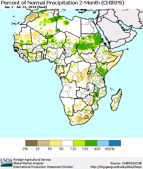 Africa Percent of Normal Precipitation 2-Month (CHIRPS) Thematic Map For 6/1/2018 - 7/31/2018
