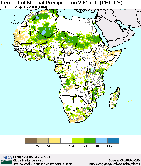 Africa Percent of Normal Precipitation 2-Month (CHIRPS) Thematic Map For 7/1/2018 - 8/31/2018