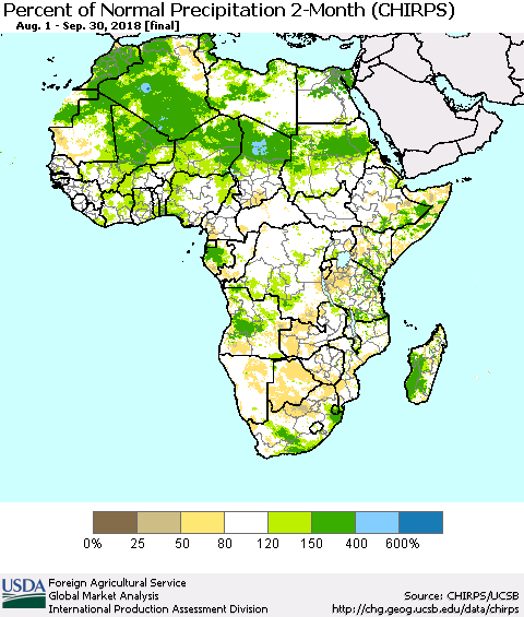 Africa Percent of Normal Precipitation 2-Month (CHIRPS) Thematic Map For 8/1/2018 - 9/30/2018