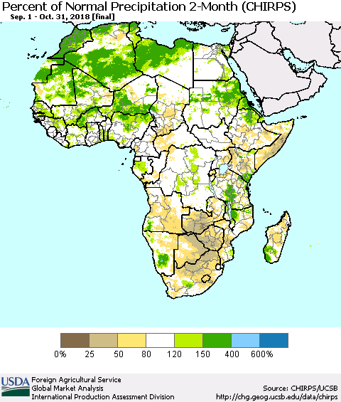 Africa Percent of Normal Precipitation 2-Month (CHIRPS) Thematic Map For 9/1/2018 - 10/31/2018