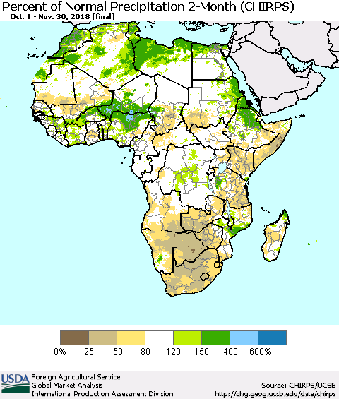 Africa Percent of Normal Precipitation 2-Month (CHIRPS) Thematic Map For 10/1/2018 - 11/30/2018