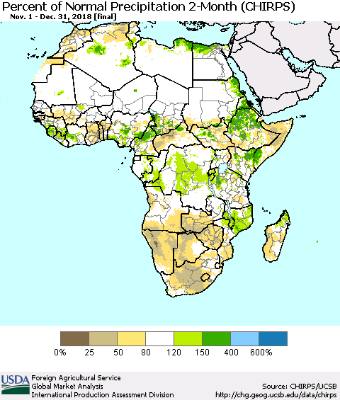 Africa Percent of Normal Precipitation 2-Month (CHIRPS) Thematic Map For 11/1/2018 - 12/31/2018