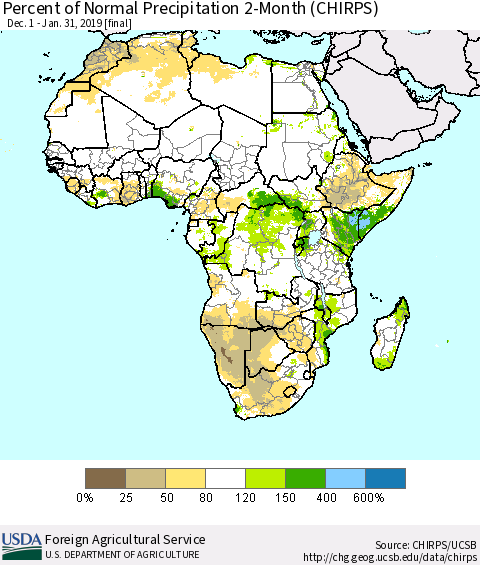 Africa Percent of Normal Precipitation 2-Month (CHIRPS) Thematic Map For 12/1/2018 - 1/31/2019