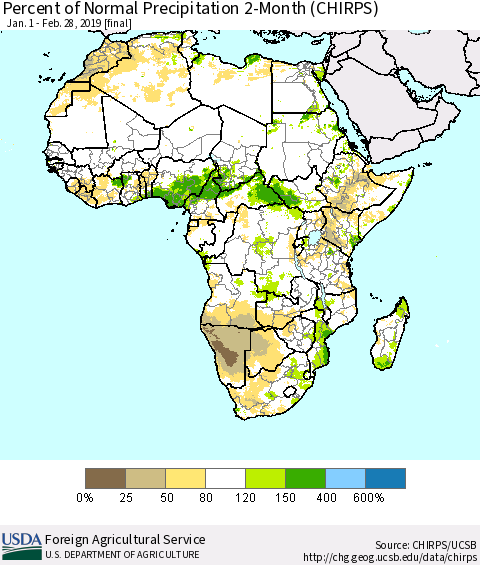 Africa Percent of Normal Precipitation 2-Month (CHIRPS) Thematic Map For 1/1/2019 - 2/28/2019