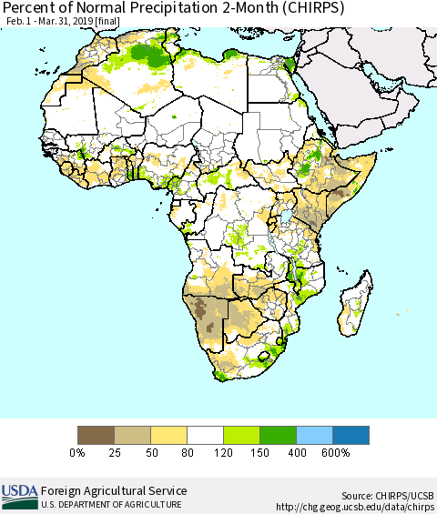 Africa Percent of Normal Precipitation 2-Month (CHIRPS) Thematic Map For 2/1/2019 - 3/31/2019