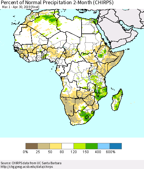 Africa Percent of Normal Precipitation 2-Month (CHIRPS) Thematic Map For 3/1/2019 - 4/30/2019