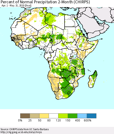 Africa Percent of Normal Precipitation 2-Month (CHIRPS) Thematic Map For 4/1/2019 - 5/31/2019