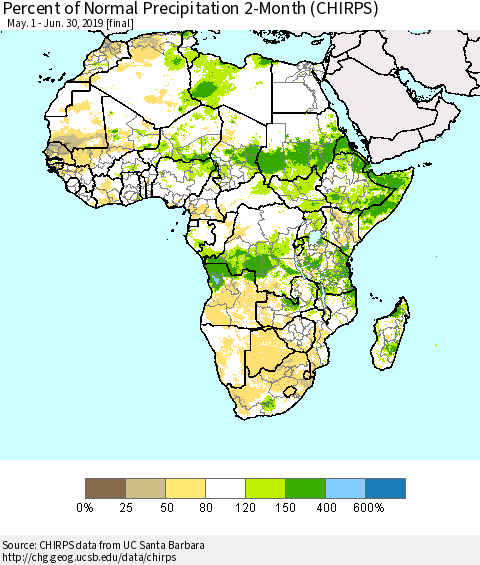 Africa Percent of Normal Precipitation 2-Month (CHIRPS) Thematic Map For 5/1/2019 - 6/30/2019
