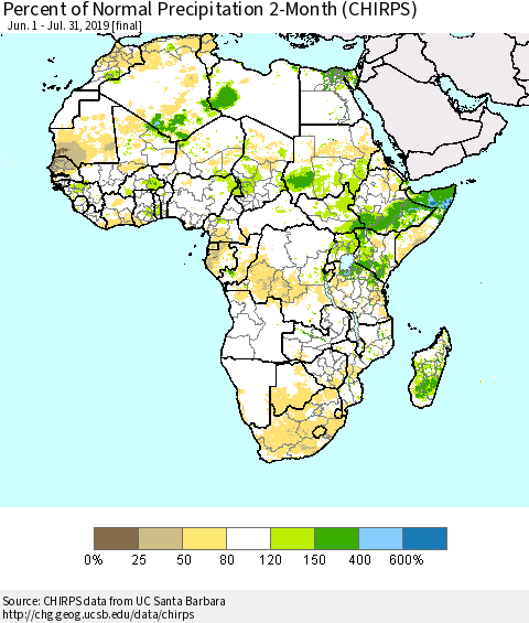 Africa Percent of Normal Precipitation 2-Month (CHIRPS) Thematic Map For 6/1/2019 - 7/31/2019