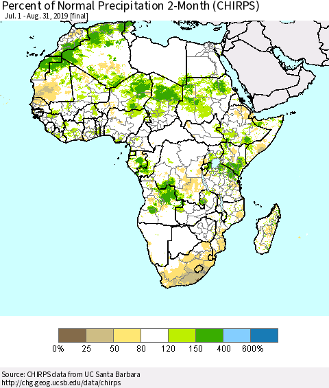 Africa Percent of Normal Precipitation 2-Month (CHIRPS) Thematic Map For 7/1/2019 - 8/31/2019