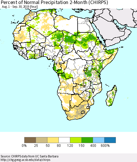 Africa Percent of Normal Precipitation 2-Month (CHIRPS) Thematic Map For 8/1/2019 - 9/30/2019