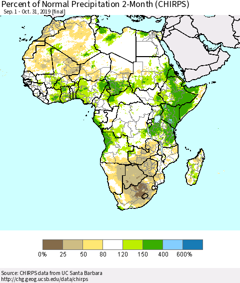 Africa Percent of Normal Precipitation 2-Month (CHIRPS) Thematic Map For 9/1/2019 - 10/31/2019