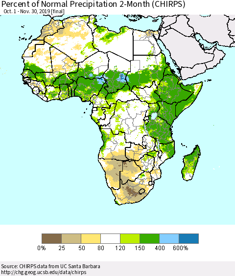 Africa Percent of Normal Precipitation 2-Month (CHIRPS) Thematic Map For 10/1/2019 - 11/30/2019