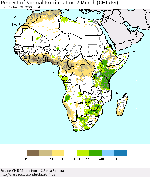 Africa Percent of Normal Precipitation 2-Month (CHIRPS) Thematic Map For 1/1/2020 - 2/29/2020