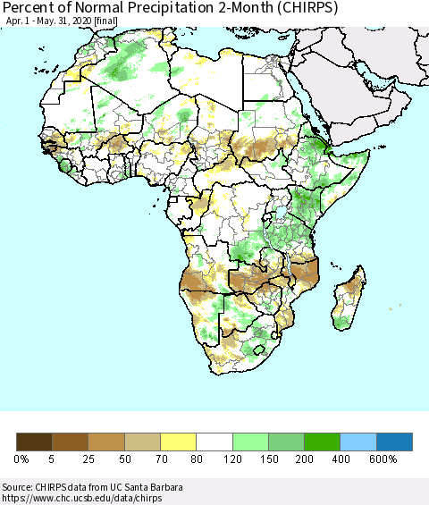 Africa Percent of Normal Precipitation 2-Month (CHIRPS) Thematic Map For 4/1/2020 - 5/31/2020