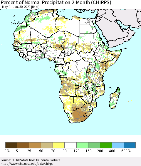 Africa Percent of Normal Precipitation 2-Month (CHIRPS) Thematic Map For 5/1/2020 - 6/30/2020