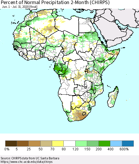 Africa Percent of Normal Precipitation 2-Month (CHIRPS) Thematic Map For 6/1/2020 - 7/31/2020