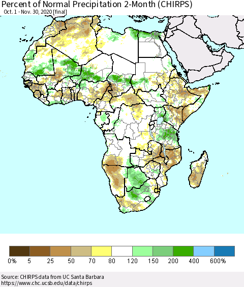Africa Percent of Normal Precipitation 2-Month (CHIRPS) Thematic Map For 10/1/2020 - 11/30/2020