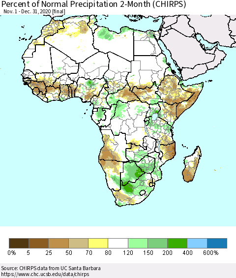 Africa Percent of Normal Precipitation 2-Month (CHIRPS) Thematic Map For 11/1/2020 - 12/31/2020