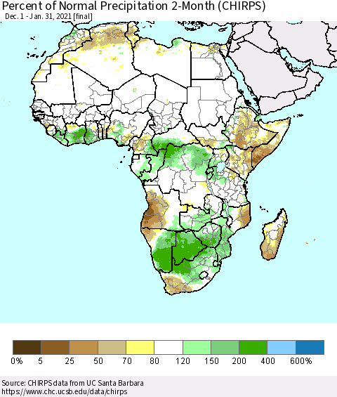Africa Percent of Normal Precipitation 2-Month (CHIRPS) Thematic Map For 12/1/2020 - 1/31/2021