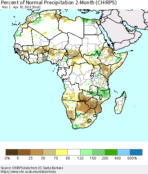 Africa Percent of Normal Precipitation 2-Month (CHIRPS) Thematic Map For 3/1/2021 - 4/30/2021