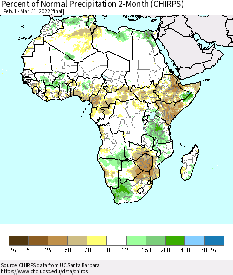 Africa Percent of Normal Precipitation 2-Month (CHIRPS) Thematic Map For 2/1/2022 - 3/31/2022