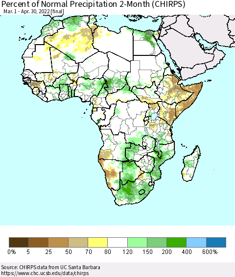 Africa Percent of Normal Precipitation 2-Month (CHIRPS) Thematic Map For 3/1/2022 - 4/30/2022