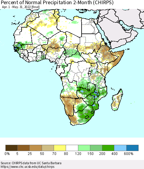 Africa Percent of Normal Precipitation 2-Month (CHIRPS) Thematic Map For 4/1/2022 - 5/31/2022