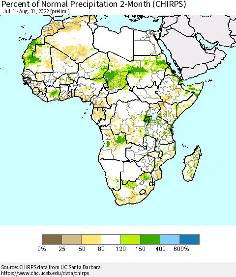 Africa Percent of Normal Precipitation 2-Month (CHIRPS) Thematic Map For 7/1/2022 - 8/31/2022