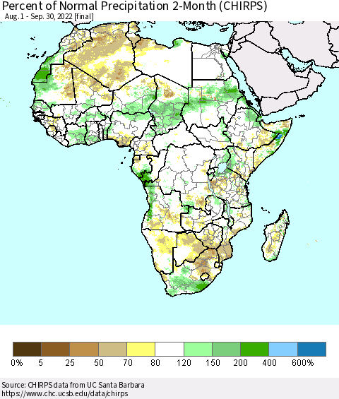 Africa Percent of Normal Precipitation 2-Month (CHIRPS) Thematic Map For 8/1/2022 - 9/30/2022