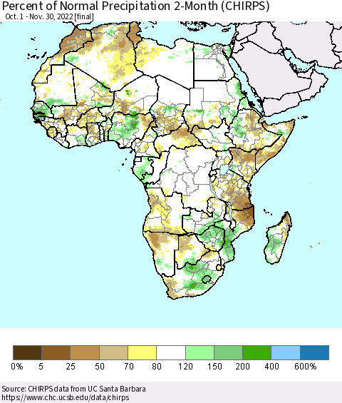 Africa Percent of Normal Precipitation 2-Month (CHIRPS) Thematic Map For 10/1/2022 - 11/30/2022