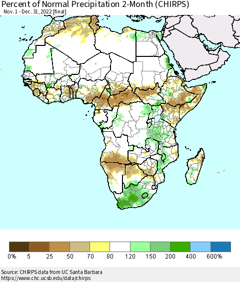 Africa Percent of Normal Precipitation 2-Month (CHIRPS) Thematic Map For 11/1/2022 - 12/31/2022