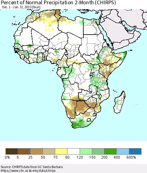 Africa Percent of Normal Precipitation 2-Month (CHIRPS) Thematic Map For 12/1/2022 - 1/31/2023