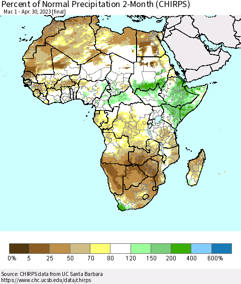Africa Percent of Normal Precipitation 2-Month (CHIRPS) Thematic Map For 3/1/2023 - 4/30/2023