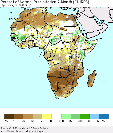 Africa Percent of Normal Precipitation 2-Month (CHIRPS) Thematic Map For 4/1/2023 - 5/31/2023