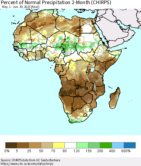 Africa Percent of Normal Precipitation 2-Month (CHIRPS) Thematic Map For 5/1/2023 - 6/30/2023
