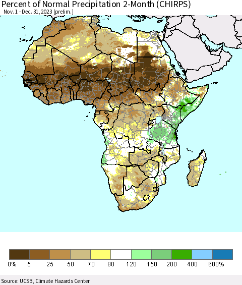 Africa Percent of Normal Precipitation 2-Month (CHIRPS) Thematic Map For 11/1/2023 - 12/31/2023