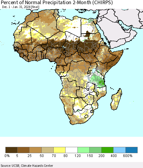 Africa Percent of Normal Precipitation 2-Month (CHIRPS) Thematic Map For 12/1/2023 - 1/31/2024